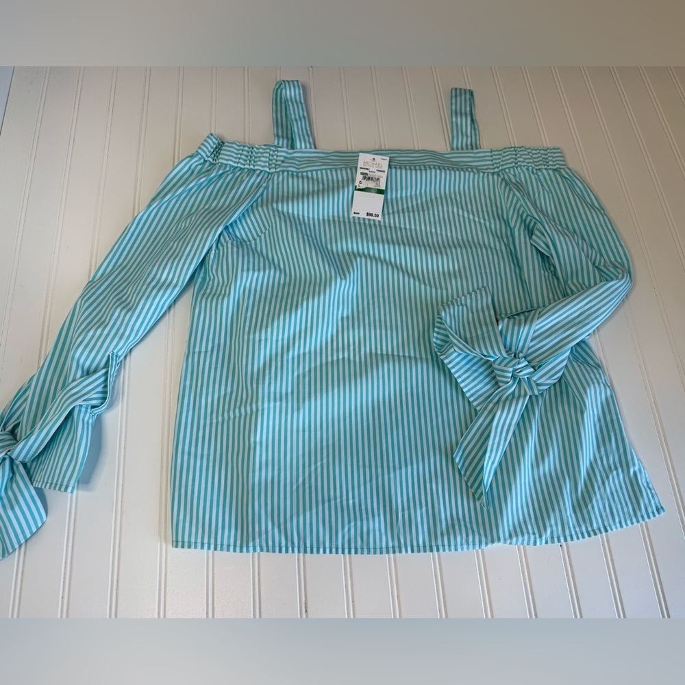 Michael Kors Turquoise White Stripe Off Shoulder Shirt Top Blouse Large NEW 1416